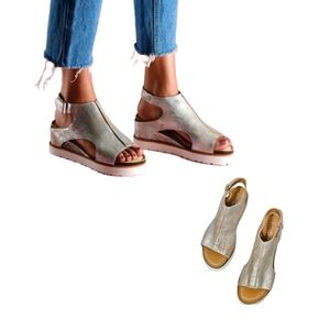 Women’s Metallic Open-Toe Wedge Sandals with Ankle Strap